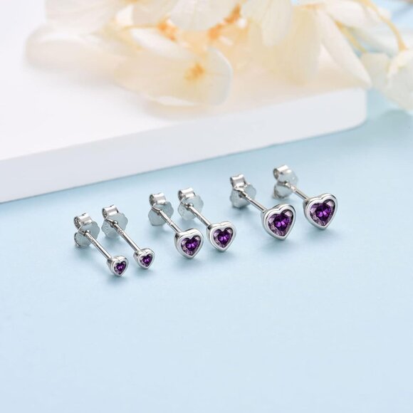 Sterling Silver Tiny Heart CZ Stud Earrings Set, Hypoallergenic, Perfect for Men - Picture 3 of 5